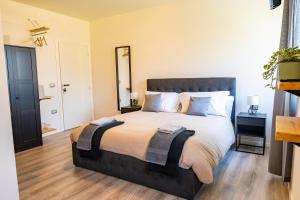 Un dormitorio con una cama grande y un espejo. en SulGarda Holiday Apartment, en Arco