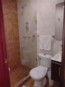 a bathroom with a shower with a toilet and a sink at Hotel Casa Lamay in Bogotá