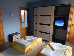 a room with two beds and a television in it at Sissy Vendégház in Mórahalom