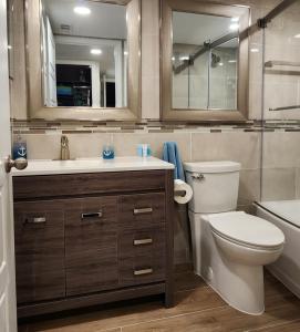 uma casa de banho com um WC, um lavatório e um espelho. em Oceanfront Tropical Paradise em Fort Pierce