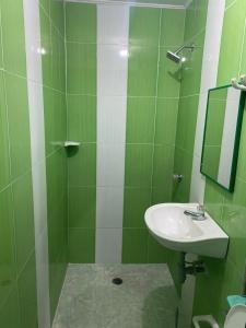 Baño verde con lavabo y espejo en Apartamento En Los Ángelesツ, en Santa Marta