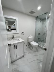 uma casa de banho com um WC, um lavatório e um chuveiro em New Luxurious Studio Apartment em Brampton