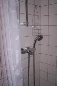 La salle de bains est pourvue d'une douche avec rideau de douche. dans l'établissement Salomony Chambre d'Hôtes, à Marcols-les-Eaux