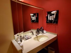 La salle de bains est pourvue d'un lavabo et d'un grand miroir. dans l'établissement ホテルセリーヌ(大人限定), à Asahikawa