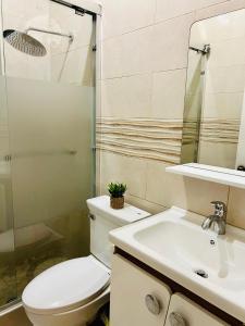 a bathroom with a toilet and a sink and a shower at The Rest Stop-B- 15 min from Airport/24hrs Security in Montego Bay