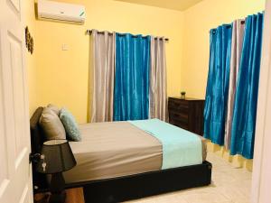 una camera con tende blu e un letto in una stanza di The Rest Stop-B- 15 min from Airport/24hrs Security a Montego Bay