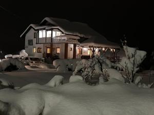una casa está cubierta de nieve por la noche en Deluxe Apartments Franjkovic, en Selište Drežničko