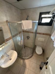 un bagno con doccia, lavandino e WC di Hotel Alp Guesthouse a Istanbul Altre 48 foto