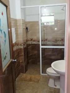 a bathroom with a shower and a toilet and a sink at Super View in Ella