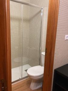 La salle de bains est pourvue de toilettes et d'une douche en verre. dans l'établissement Júlio de Matos Guest House, à Porto