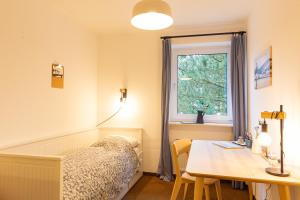 Schlafzimmer mit einem Bett, einem Schreibtisch und einem Fenster in der Unterkunft Haus am Seezeichen - Whg. Lürßen in Wittdün