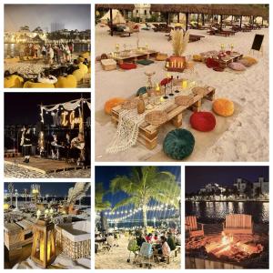 a collage of photos of a table on the beach at NK#Homestay#Vinhomes#Oceanpark#1PN#C6 in Gia Lâm Pho