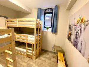 Zimmer mit Etagenbett, 2 Etagenbetten und einem Fenster in der Unterkunft Inversnaid Bunkhouse in Inversnaid