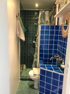 y baño de azulejos azules con aseo y ducha. en Appartement Paris Marais, en París