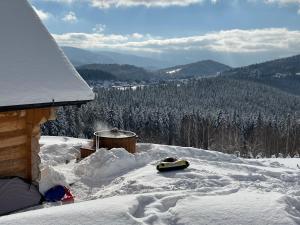 ein Snowboard im Schnee neben einem Haus in der Unterkunft Ovis Homes in Zawoja