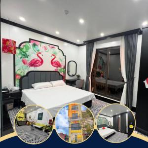 ハイフォンにあるSong Kim Hotelのベッド付きのホテルルームとベッド付きのベッドルームがあります。