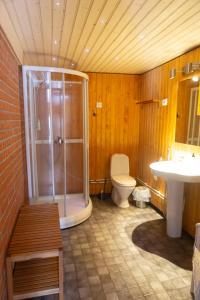 uma casa de banho com um chuveiro, um WC e um lavatório. em Gyttja Västergårds em Nauvo