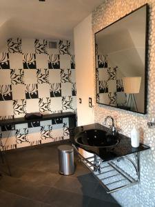 een badkamer met een wastafel en een grote spiegel bij Guesthouse De Witte Merel Deluxe in Tessenderlo