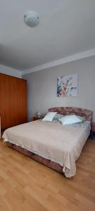 a bedroom with a bed and a wooden floor at Apartman Alenka in Tkon