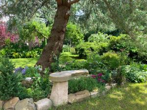 a stone bench sitting in the middle of a garden at Willa przy Parku - PolanicaApartamenty pl in Polanica-Zdrój