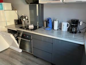 a kitchen with a counter top with a sink at « Le temps d’un instant » dépendance in Solre-le-Château