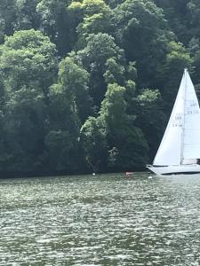 a sail boat on a lake with trees in the background at Higher Greenway Annexe in Brixham