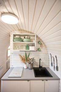 uma cozinha com um lavatório e uma bancada em schwimmendes Iglu Romantik & Family em Parey