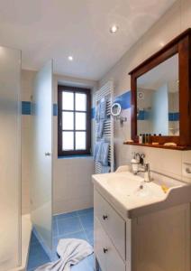 een badkamer met een wastafel, een douche en een spiegel bij Ferienhaus Vitushöhle in Füssen