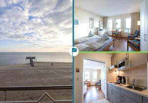 een collage van drie foto's van een slaapkamer en een strand bij Nordland Appartements - Wohnung Südfall in Wyk auf Föhr
