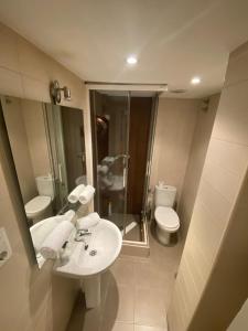ein Badezimmer mit einem Waschbecken, einem WC und einem Spiegel in der Unterkunft Céntrico apartamento en Embajadores in Madrid
