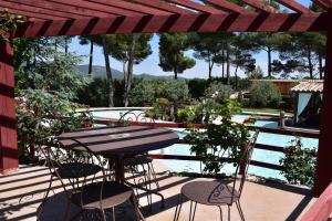 un patio con mesa y sillas junto a una piscina en Villa Lorna - 2 maisons - piscine privée en Aups