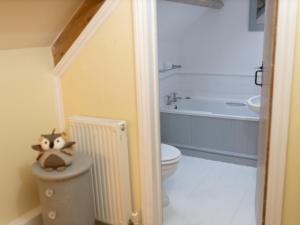 a bathroom with a toilet and a bath tub at Pass the Keys Character country cottage with scenic castle views in Llandeilo