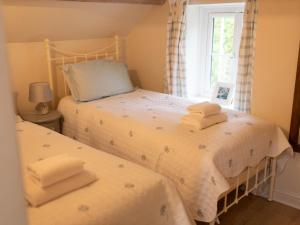 1 dormitorio con 2 camas y ventana en Pass the Keys Character country cottage with scenic castle views, en Llandeilo
