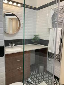 La salle de bains est pourvue d'une douche, d'un lavabo et d'un miroir. dans l'établissement Garay Center Relax, à Budapest
