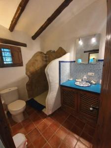 a bathroom with a toilet and a sink and a mirror at Cuevas Cañada Honda 