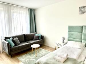 ein Wohnzimmer mit einem Sofa und einem Bett in der Unterkunft AL-DOM apartamenty Grey 112 Olymp in Kołobrzeg
