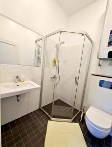 Un baño con ducha, inodoro y lavabo. en Villa Loebel - Exceptional Queen Louisa two bedroom apartment with 2 balconies, en Juodkrantė