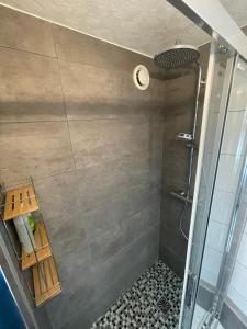 uma casa de banho com um chuveiro e uma porta de vidro em Les Jonchères em Luxeuil-les-Bains