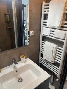 uma casa de banho com lavatório, espelho e toalhas em Les Jonchères em Luxeuil-les-Bains