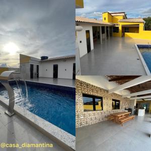 a collage of two pictures of a house and a swimming pool at Casa Diamantina in Ibicoara