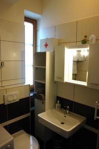 a bathroom with a sink and a toilet and a mirror at Mini Studio in Čakovec