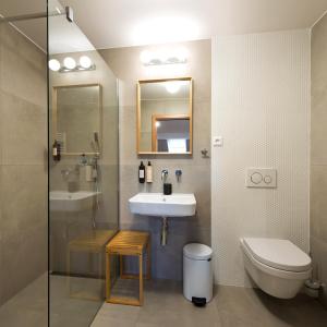 a bathroom with a sink and a toilet at Hotel Tři knížata in Jihlava