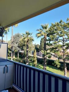 een balkon met uitzicht op palmbomen bij 63 m very bright with beautiful sea view in Antibes