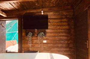 a room with wooden walls and a flat screen tv at Glamping&BeerSpa Scialla Sul Lago in Pignola