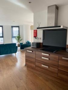a living room with a large flat screen tv at Blonk Street I Quarter Apartment in Sheffield