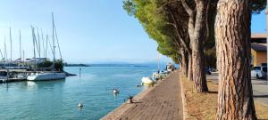 a sidewalk next to a body of water with boats at House Dogana in Peschiera del Garda