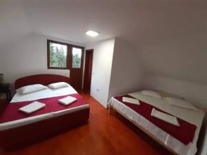 a bedroom with two beds and a window at CRYSTAL CLEAR AIR, TRANQUILITY & STUNNING SUNSETS in Vlăhiţa