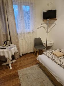 1 dormitorio con 1 cama, 1 mesa y 1 silla en Zajazd Leśny, en Tuszyn