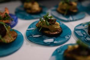 a group of blue plates with food on them at Hotel Tři knížata in Jihlava