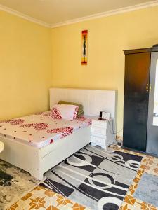 a bedroom with a bed and a carpet at Cozy studio apartment in Arusha